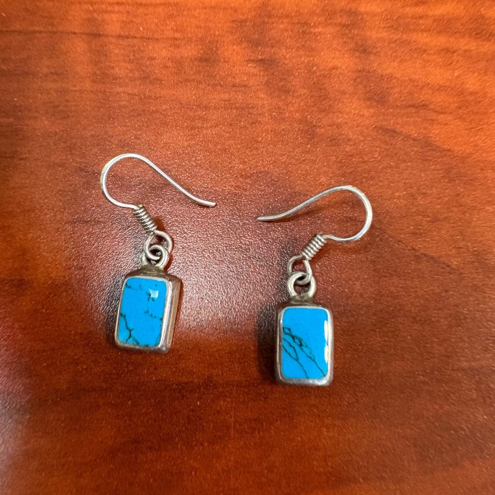 Vintage 925 Mexico Turquoise Dangle Earrings Sterling Silver Boho
